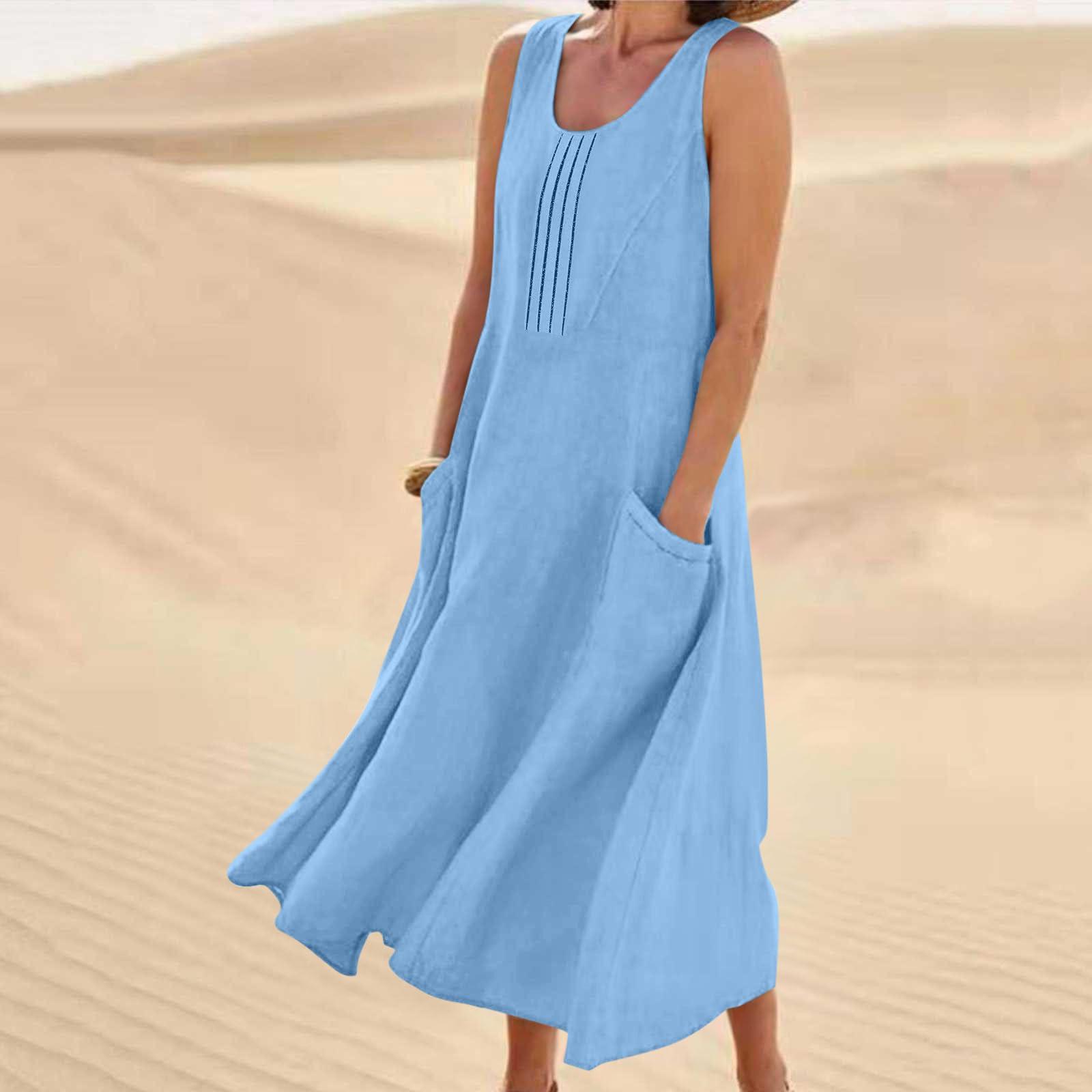 

Women s Fashion Casual Colour Sleeveless Cotton Linen Pocket Dress L синій