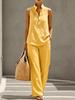 Women's Solid Color V-neck Suit with Drop Shoulder Sleeves, Casual Pocket Top & Straight Leg Pants