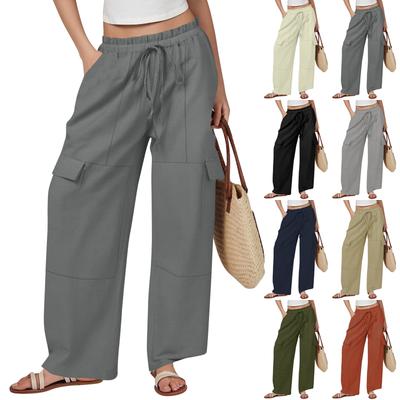 Women's Cotton And Linen Summer Stitching Casual Drawstring High Waist Pocket Workwear Trousers