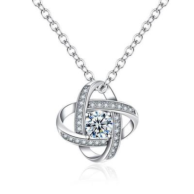 Four-Leaf Clover Diamond Pendant Necklace with Zirconia and O-Chain, White Gold Plated Clavicle Chain