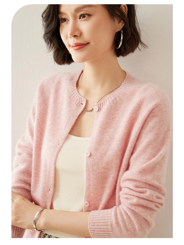 Women's Cashmere Round Neck Cardigan - Autumn/Winter Slim Fit Knitted Sweater, Solid Color, Versatile Outerwear