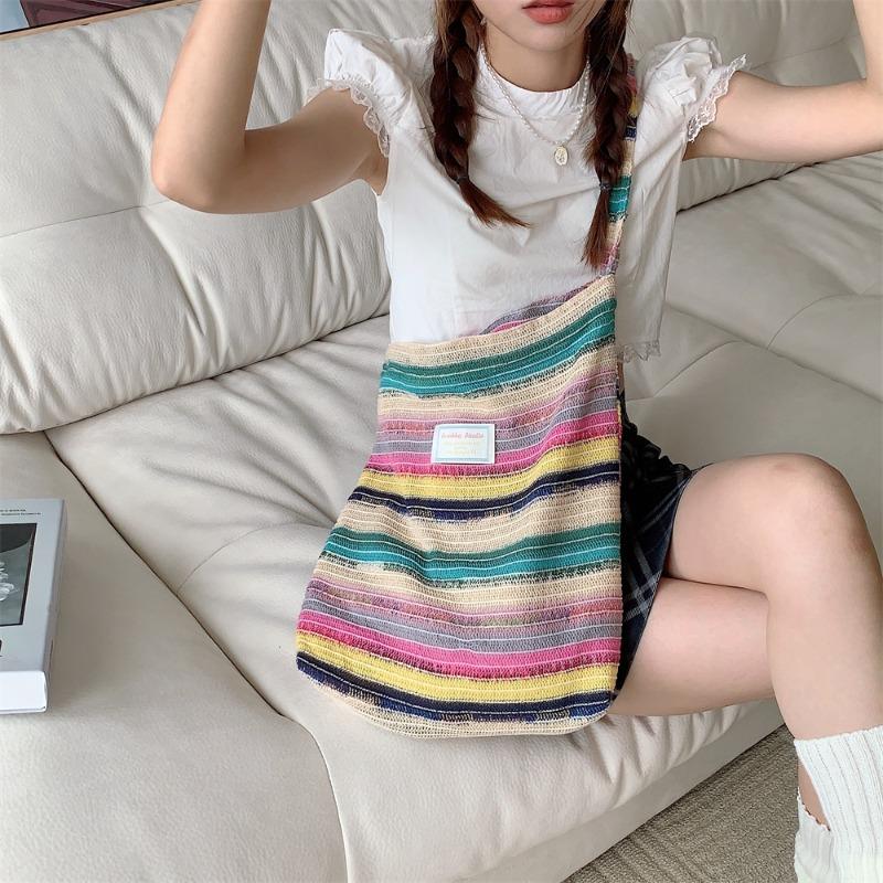 1 bag women's new wool knitted handbag contrasting color rainbow striped underarm shoulder woven bag