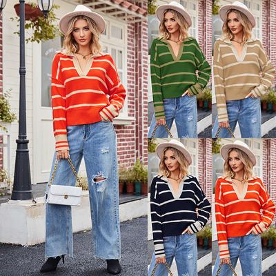 2023 Autumn/Winter Women's Fashion Patchwork Striped Sweater Lapel Loose Plus Size Sweater