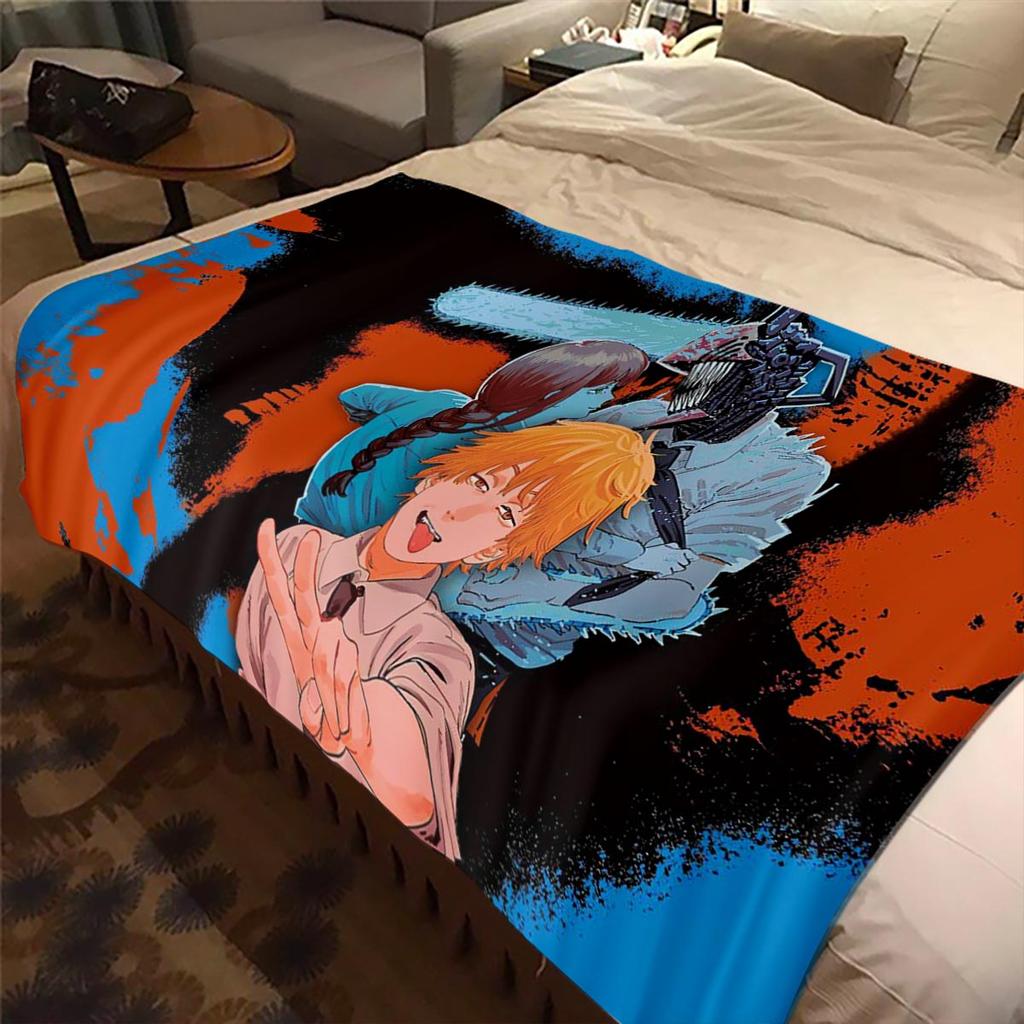 Anime Chainsaw Man Blanket Makima Pochita Power Character Flannel Blanket Comfortable Warm Blanket Gift for Family Friend