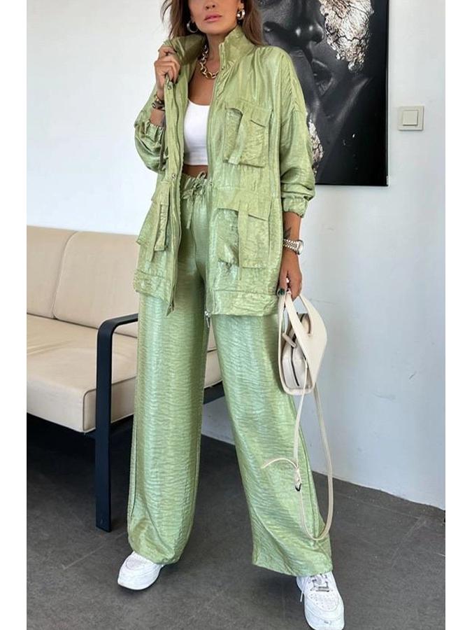 

Европейский и американский женский модный костюм-двойка: Брюки прямого кроя и куртка с длинным рукавом и 3D карманами 3035. XL зелёный