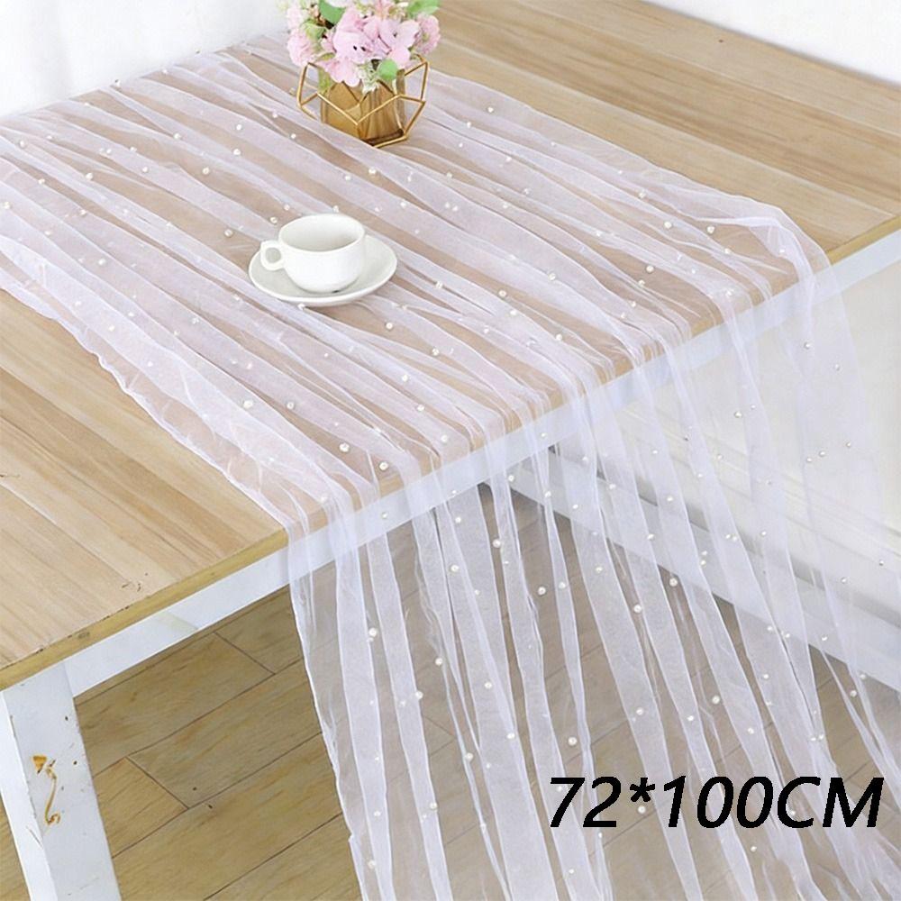 Sheer Drapes Pearl Yarn Table Runner Gauze Mesh Semi Transparent Wedding Tablecloth DIY Pearl Table Cover Dinner Table