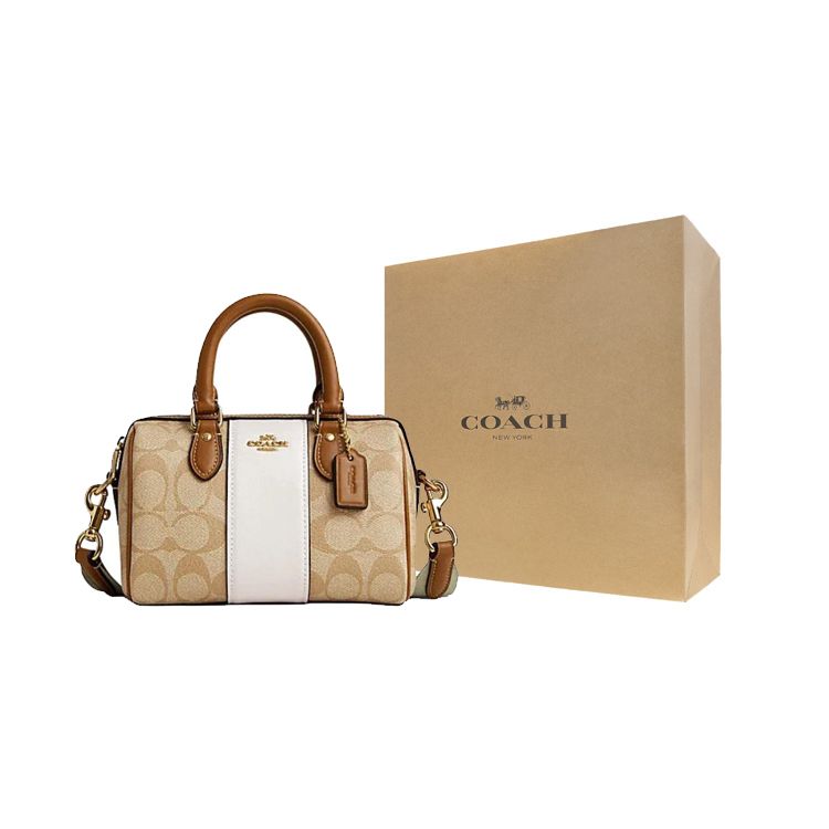 Coach Rowan 18 Signature Stripe Canvas And Leather Tote Shoulder Crossbody Bag Small Women Bags Light-Khaki Pink-White CR243-IMWQJ