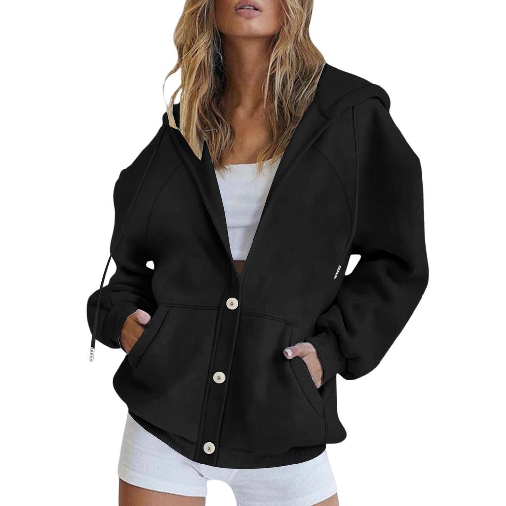 Women's Fashionable Loose Casual Cardigan Button Drawstring Hooded Sweatshirt