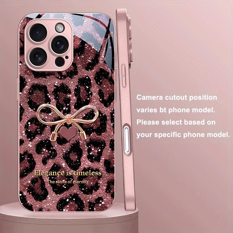 Pink Leopard Print Bow Pattern Metallic Paint Glass Phone Case For iPhone 17 16 15 14 13 12 11 Pro Max 15 Plus 17 Air 16E Cover