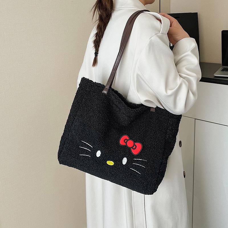 Cute Plush Hello Kitty Commuter Canvas Bag Sweet Cartoon Kitty Tote Shoulder Bag Large Capacity Tote Bag