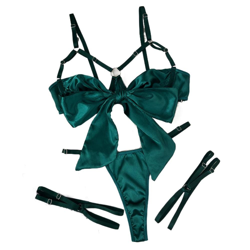 Hollow Out Underwear Three Piece Set Bow Women Lingerie Set Comfortable Satin Silk Bra Suit  Home