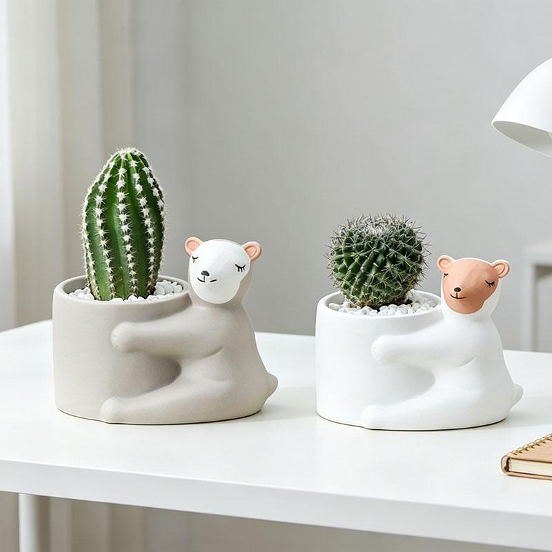 Cartoon Ceramic Planter Pot, Small Succulent Cactus Flowerpot, Cute Green Plant Desktop Decoration for Home