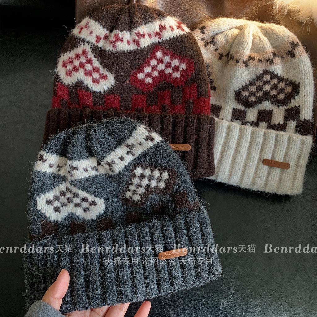 American retro color wool knitted wool hat women's season thickened warm ear protection show face small pullover cold hat