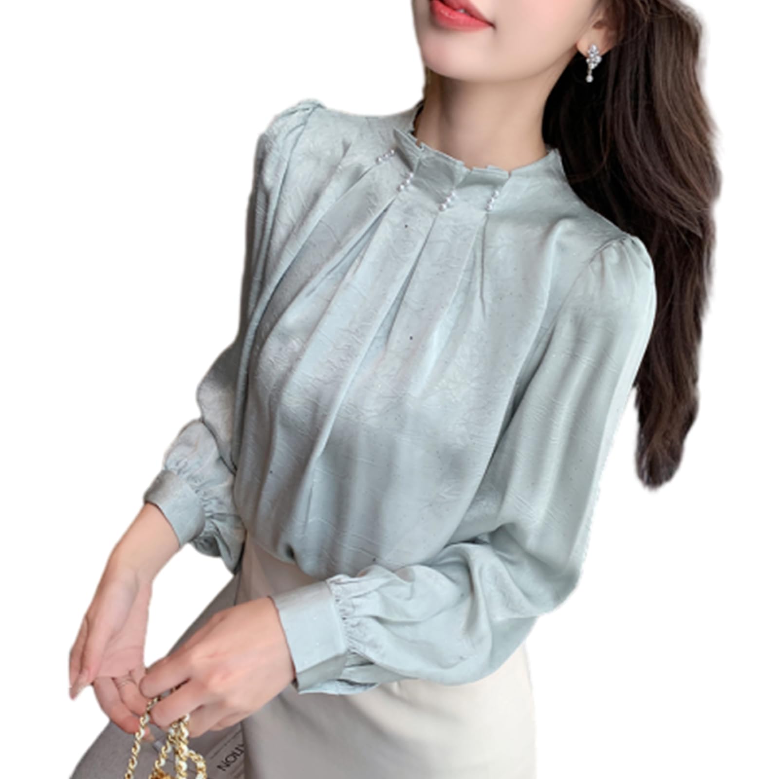 

Рубашка с длинным рукавом, корейская, с жемчугом и оборками, больших размеров, идеально подходит для повседневной носки и зимы [CCGGOWMM] Высококачественная женская блузка, топ, воротник-стойка, зелёный