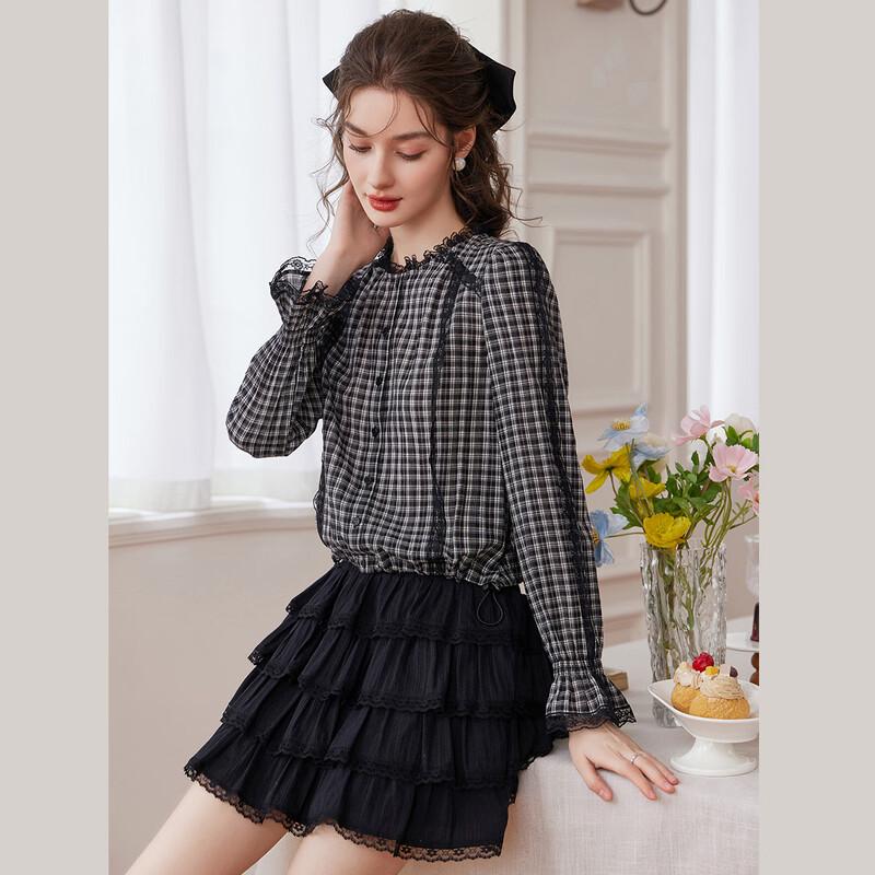 Women's Lace Patchwork Plaid Blouse