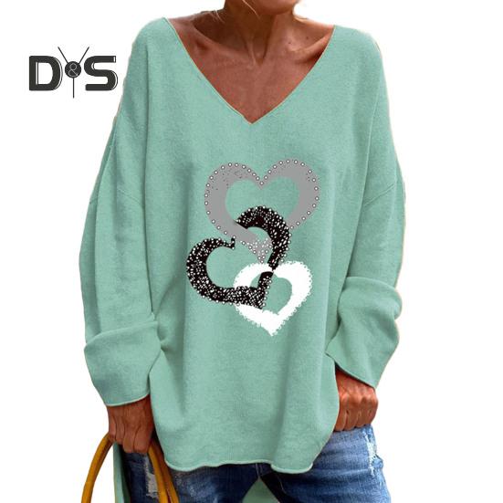 

Женская повседневная футболка с V-образным вырезом и длинным рукавом, пуловер, топы со стразами и узором в виде сердца, свободная футболка в уличном стиле XL зелёный
