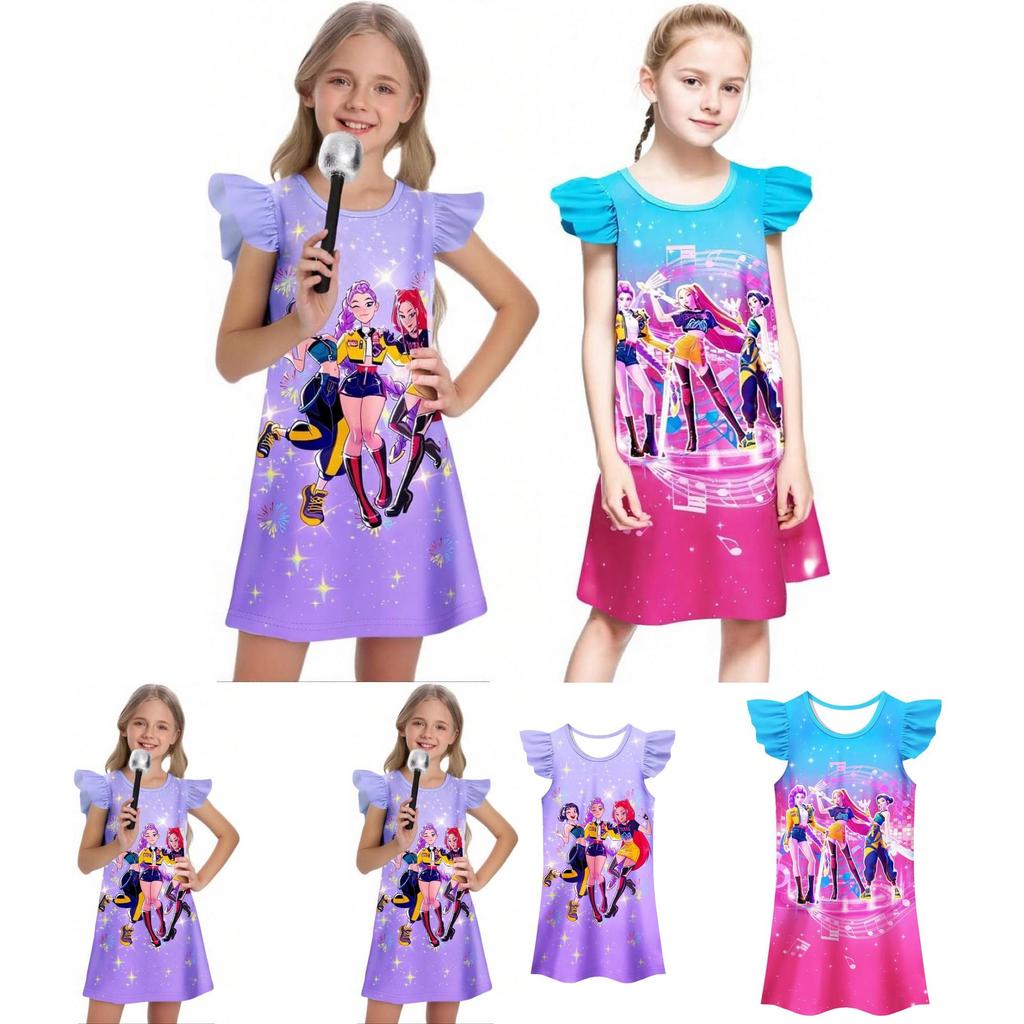 Kpop Demon Hunters Pattern Girl Sleep Dress With Cartoon Pattern For Kids Summer Wear