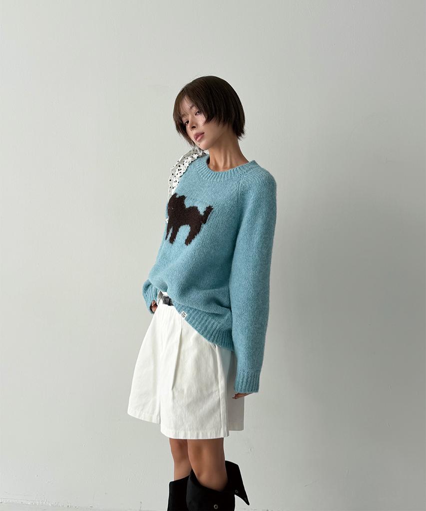 THE GREEN LAB Katze Jacquard Pullover [Blau]