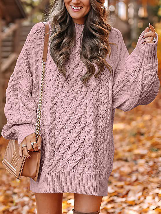 Women's Plus Size Loose Knit Sweater with Semi-High Neck - Chunky and Solid Color