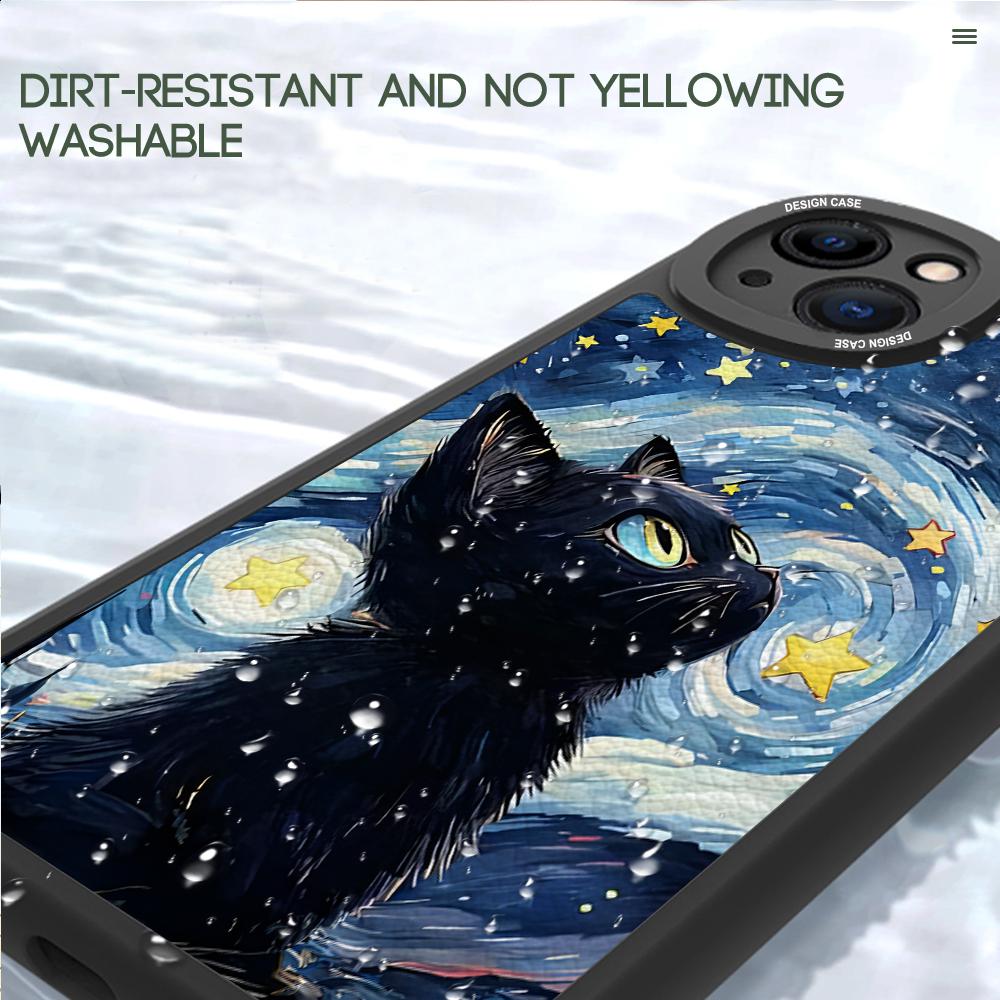 The Starry Night Black Cat PU Leather Phone Case for iPhone 15 14 13 12 Pro Max Samsung Galaxy S23 Ultra S20 FE A52 Redmi Xiaomi POCO Soft Cover