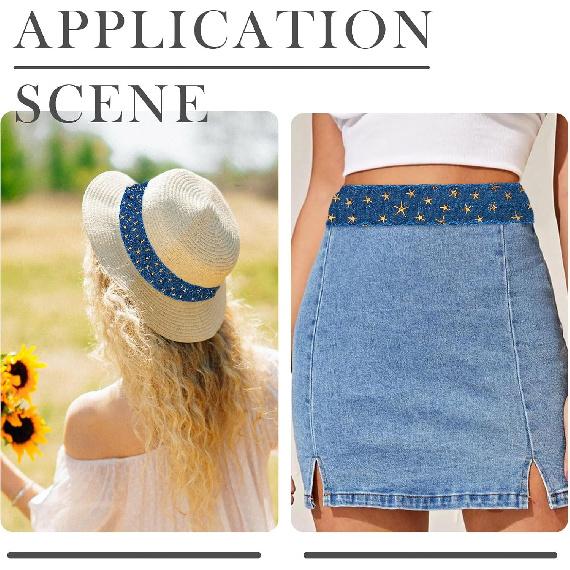 5 Yards Marine Blue Gold Foil Star Denim Ribbon for Clothes Accessories,3D Star Gold Stamping Jean Cloth Fabric Ribbon, 1 Inch Denim Cloth Ribbon for