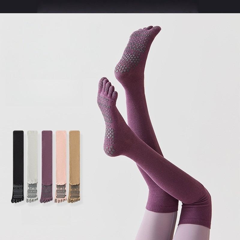 Womens Professional Non Slip Over Knee Yoga Socks Five Toes Full Length Socks For Indoor Fitness Pilates Toe Separated Floor Exercises