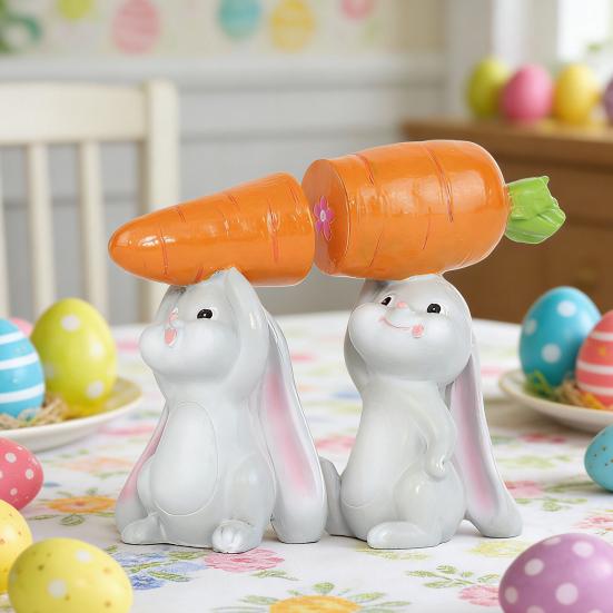 2Pcs Holding Carrot Rabbit Figurine Hand-Painted Carrying Radish Bunny Statue Resin Sculpture Easter Holiday Party Decoration Ornament