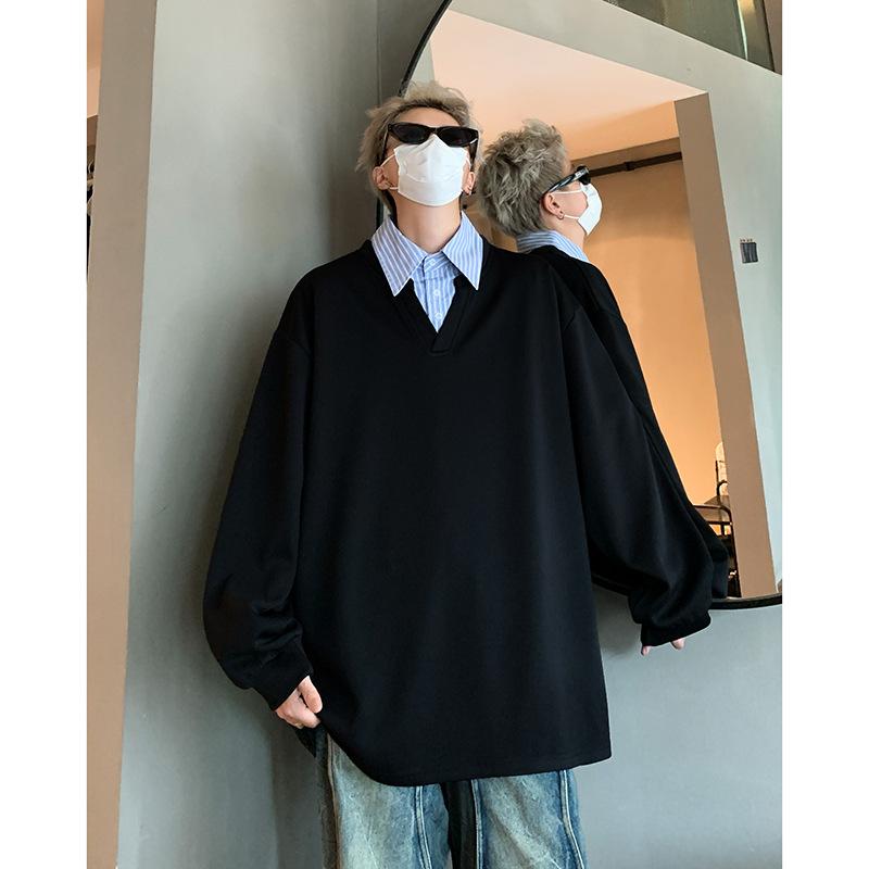 2025 Fashion Retro Fake Two-piece Splicing Lapel Sweater Men's Autumn Trendy Brand Loose Pullover Top