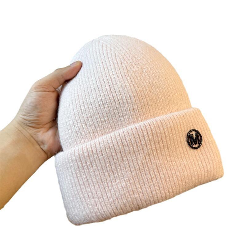 New Letter M Logo Rabbit Fur Beanie Women's Autumn and Winter Korean Version Versatile Thickened Warm Hat Ear Protection Rabbit Fur Knitted Hat