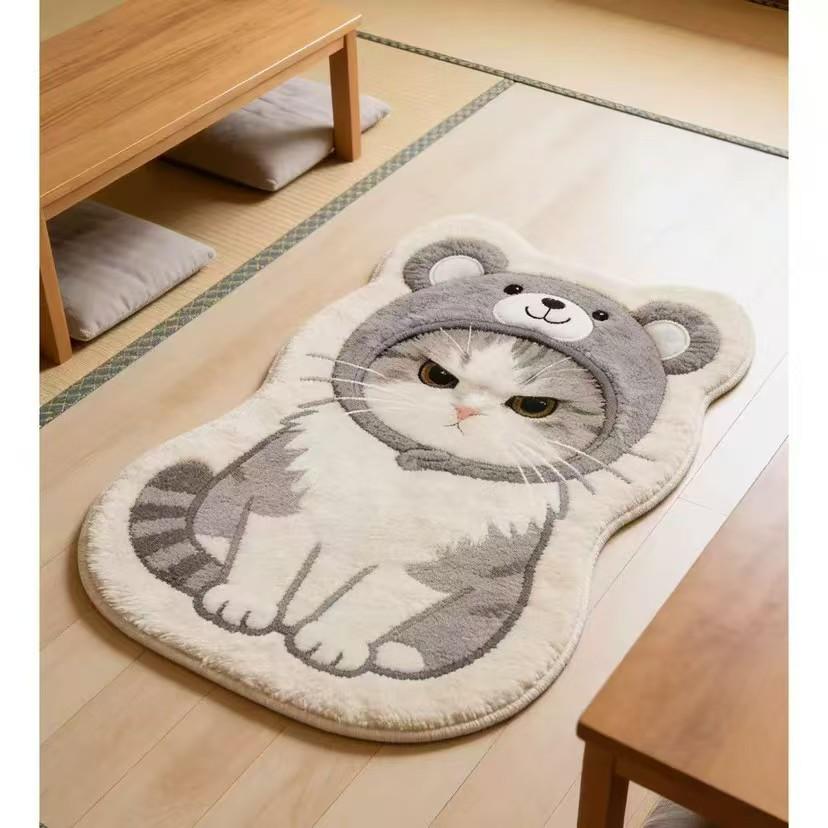 Fluffy Cat Yarn Ball Shaped Plush Rug Non Slip Washable Floor Mat Lovely Bedside Carpet Pet Lover Home Decor Mat
