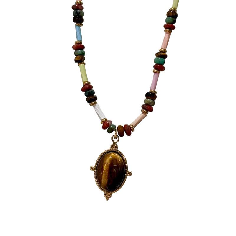 Retro Tigerauge Oval Perlen Choker Halskette mit hochwertigem Naturstein Kristall.