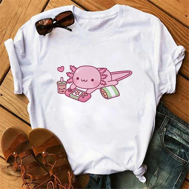 NEW Cute Axolotl Drinking Bubble Tea Printed Kids Tshirt Summer Pure Cotton Shortsleeved Casual Tops for Boys and Girls