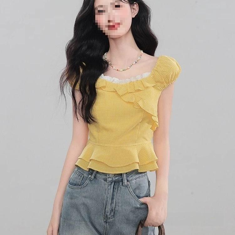 Short Sleeveless French Vintage Blouse With 3d Pattern For Summer Casual Wear
