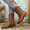European and American Large Size Western Boots Cowboy Boots Women's Pointed Head Thick Heel Embroidered Short Boots Sleeve Fashion Boots Spring and