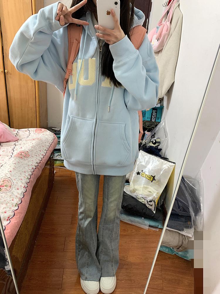 American retro cardigan sweater jacket women's spring and autumn loose casual zipper hooded baseball jersey ins