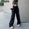 WTEMPO Women's Straight Cargo Pants High Waist American Streetwear Vintage Pants Chic Design Casual Ladies Wide Leg Cargo Trousers