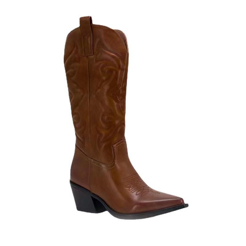Cowboy Western Boots for Women Shiny Metallic Women's Embroidery Knee High Stiletto Pointed Toe Pink Shoes For Dropshipping