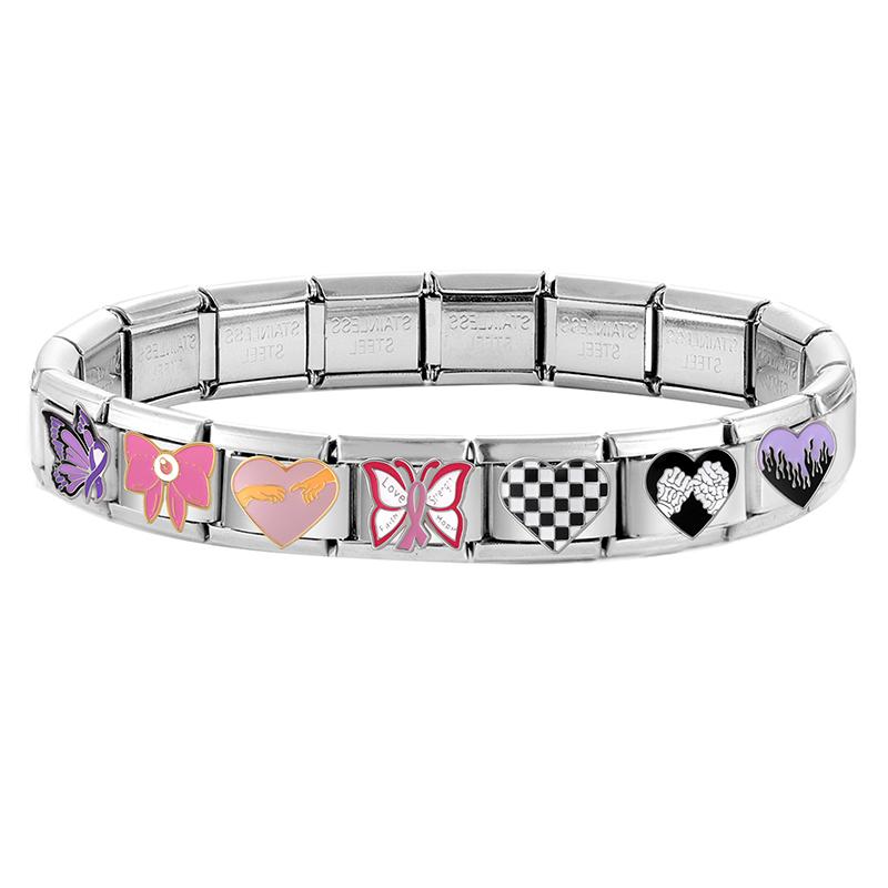 Pink Purple Butterfly Cherry Heart Tai Chi Bow Knot Italian Charm Link Fit 9MM Bracelet Stainless Steel Women Men DIY Making