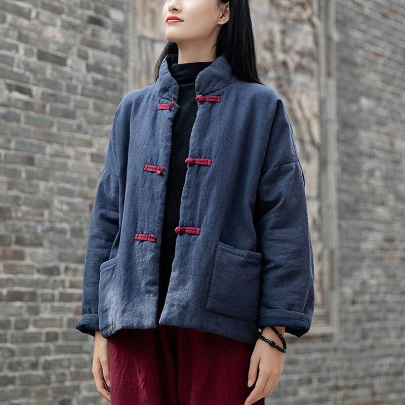 Johnature Dámské Jednobarevné Ramie Stojánek Bavlna Oblečení Kapsa na knoflík Dlouhý rukáv Kabát Zimní kabát v čínském stylu