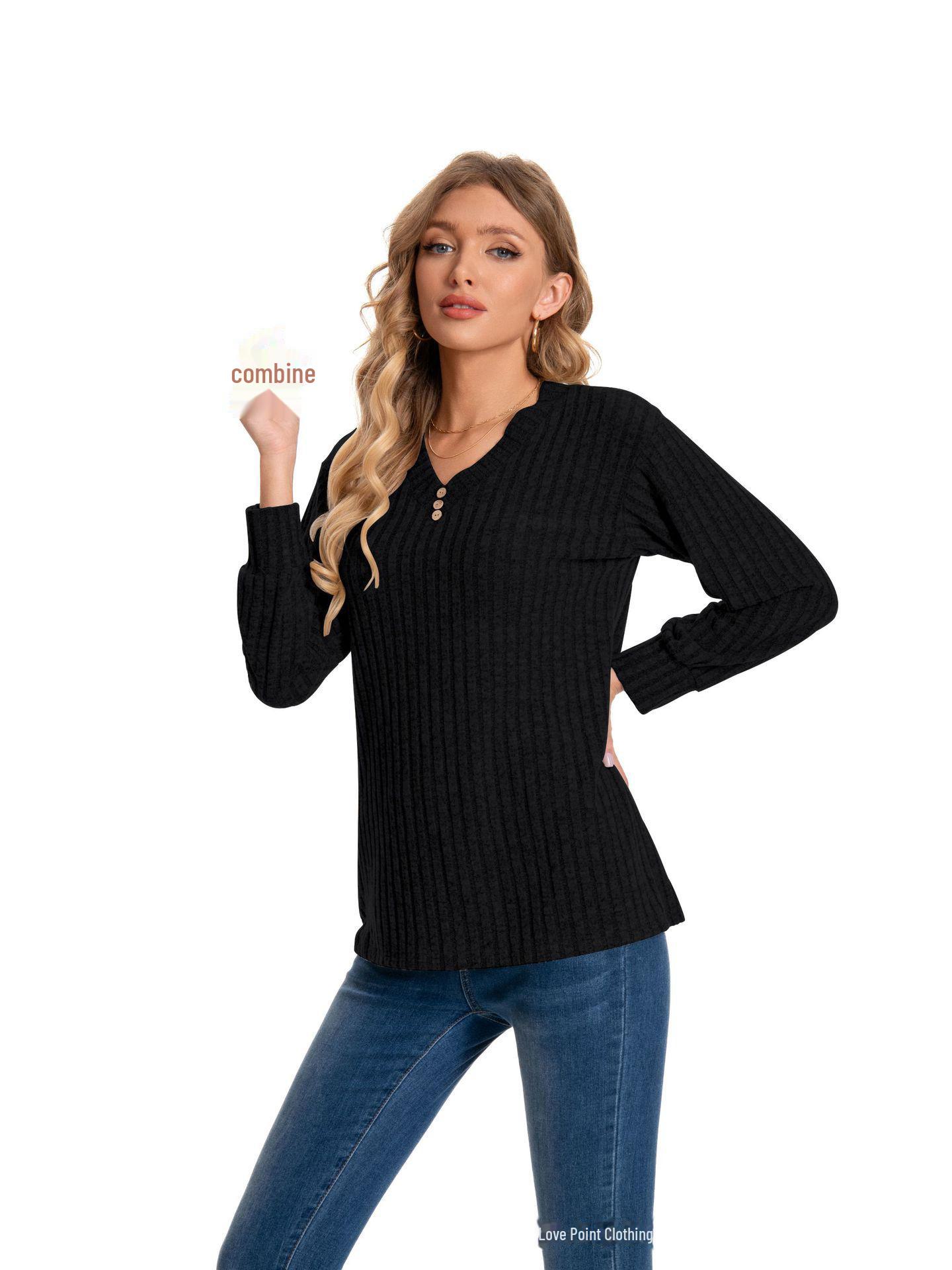 

Женские топы с V-образным вырезом и длинными рукавами в рубчик 2024 года — европейская и американская мода осень/зима XXL