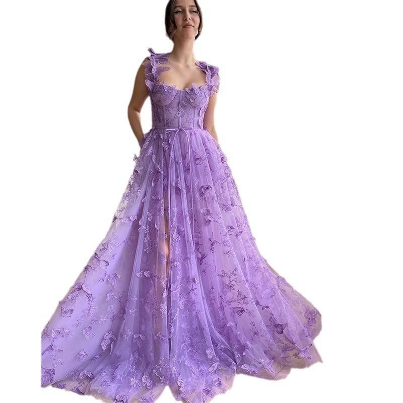 Abito da sposa europeo e americano da donna, tulle, con spalline, senza maniche, con spacco alto, per festa nuziale, abito da spiaggia