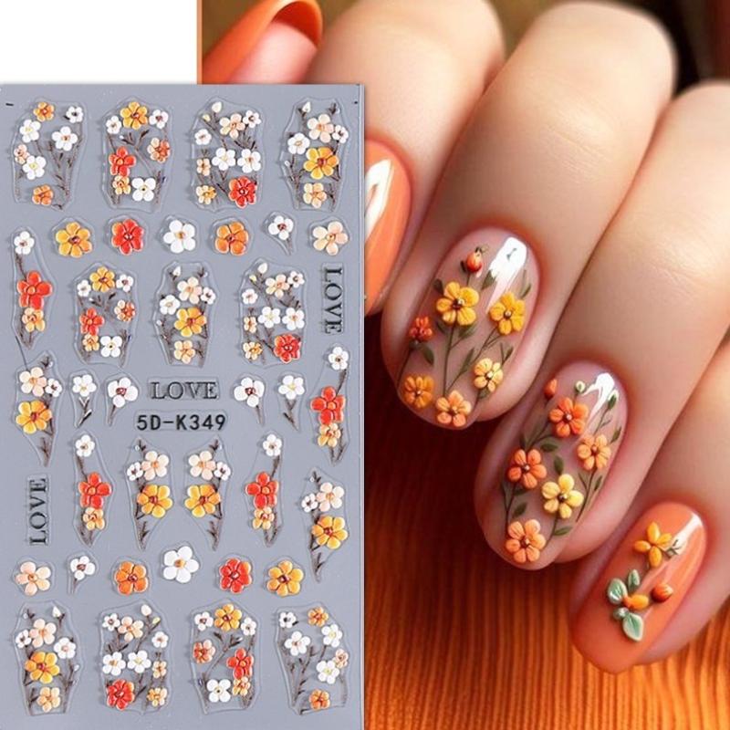 5D  Daisy Embossed Nail Stickers Colorful  Fresh Floral Designs Five-Petal Flower Self-Adhesive Diy Nail Art Decals Decorations