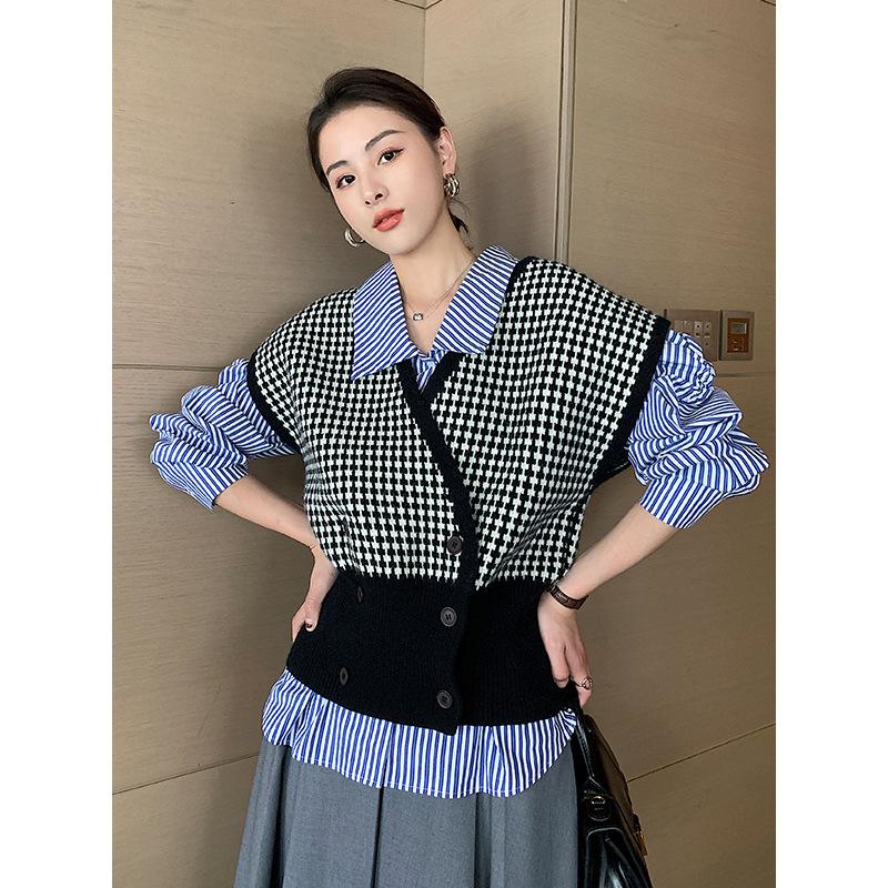 Short American Diamond Knitted Vest Women 2022 Spring And Autumn Retro Outer Plaid Sweater Cardigan Casual All-match Top