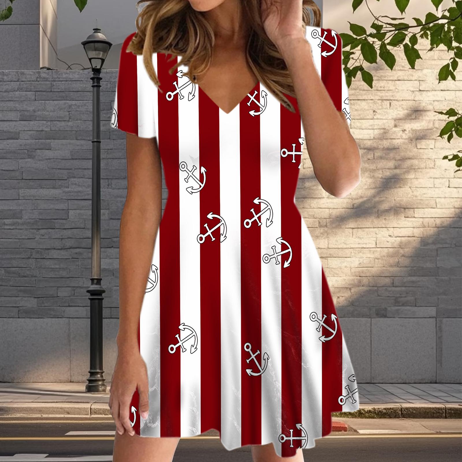 

Летняя мода женские V-образный вырез короткий рукав морской принт платье сексуальные короткие юбки платья 8XL коричневый