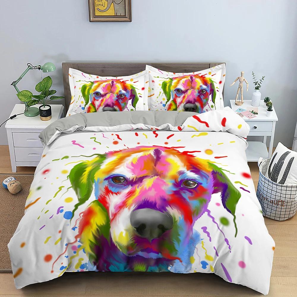Watercolor Dog Bedding Set Cute Happy Colorful Puppy Duvet Cover Cartoon Bedding Decoration Queen for Women Children Girls Gift
