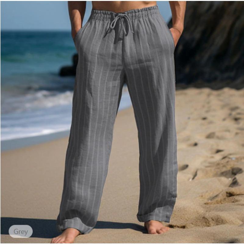 Men Vertical Stripe Linen Pants Drawstring Waist Loose Beach Jogger Trousers with Pockets