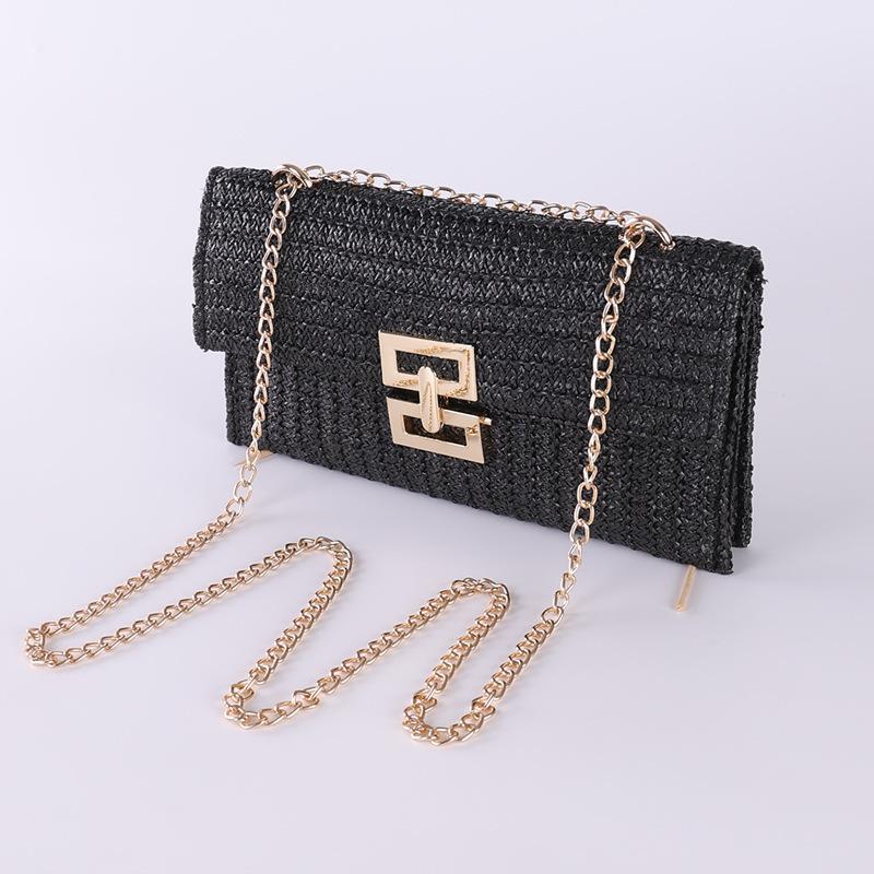 New Vacation Style Multi Layered Chain Flip Lock Straw Woven Bag Shoulder Bag