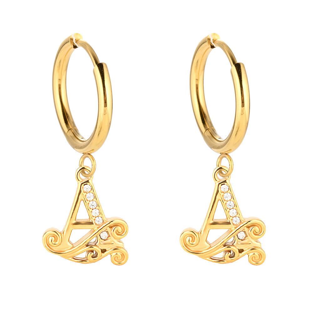 Stainless Steel Plated 18K Gold 26 Letter Earrings, Luxury Wave Zircon Earrings Temperament Earrings