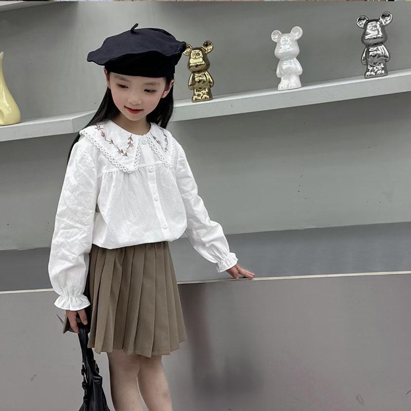 2024 Spring/Autumn Girls' White Cotton Shirt, Turn-Down Collar, Fashionable Student Top