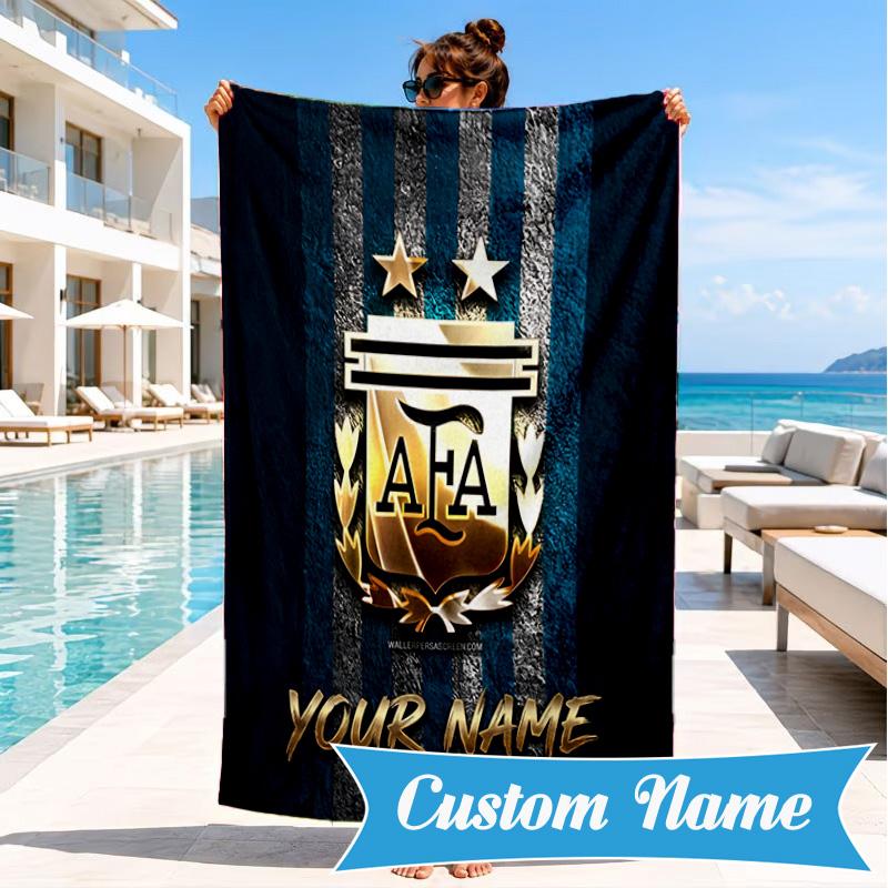 Custom Name Argentina Football Crest Personalized Microfiber Beach Towel, Quick-Dry, Ideal for Summer Travel, Beach Essential, Swimming